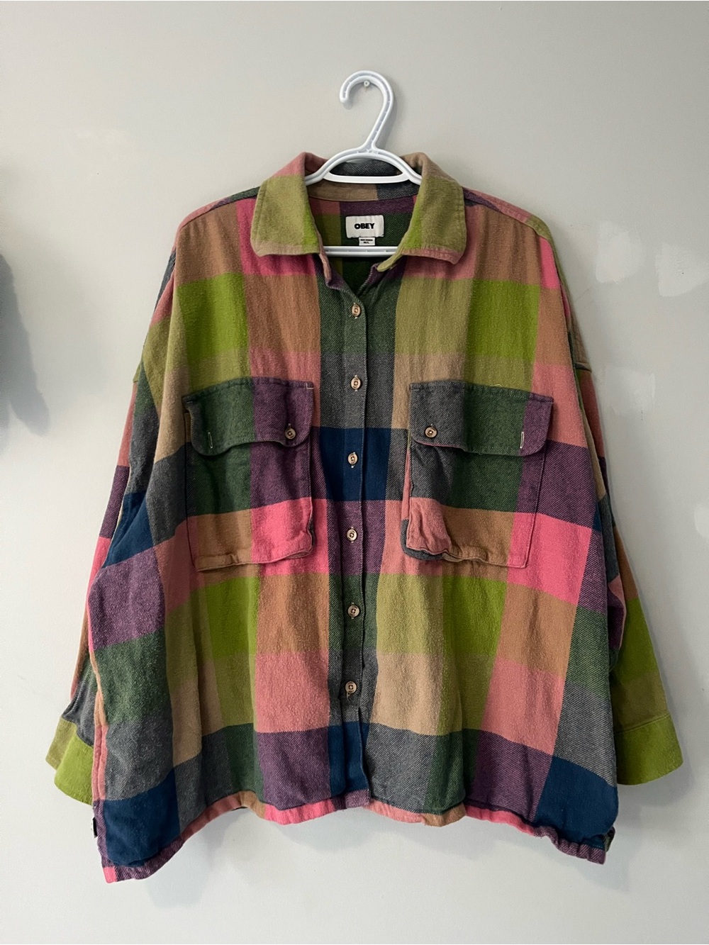 Obey Women's Plaid oversized slouchy bright print fall button down thick shirt
